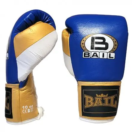 Kup Teď Boxerské rukavice Profi šněrovací - kůže vel. 10 oz modrá bílá zlatá BAIL