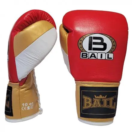 Must-Have Boxerské rukavice Profi šněrovací - kůže vel. 10 oz červená bílá zlatá BAIL